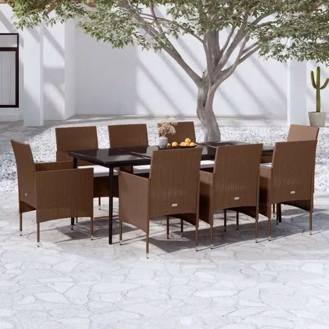 Set da pranzo da giardino moderno vidaXL in polyrattan con piano in vetro, marrone e nero – 1