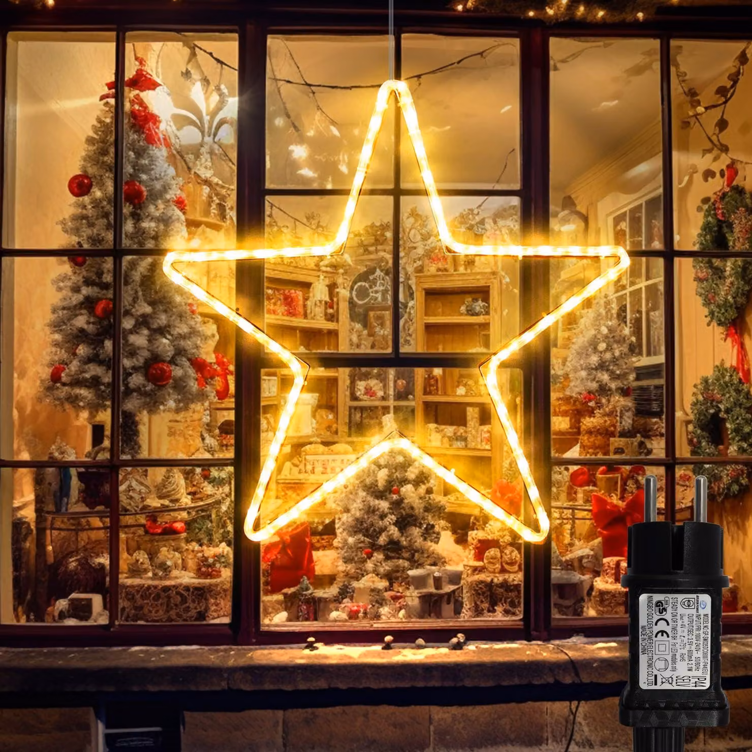Catena luminosa a forma di stella di Natale, 40 LED, luce bianco caldo, timer, grado di protezione IP64