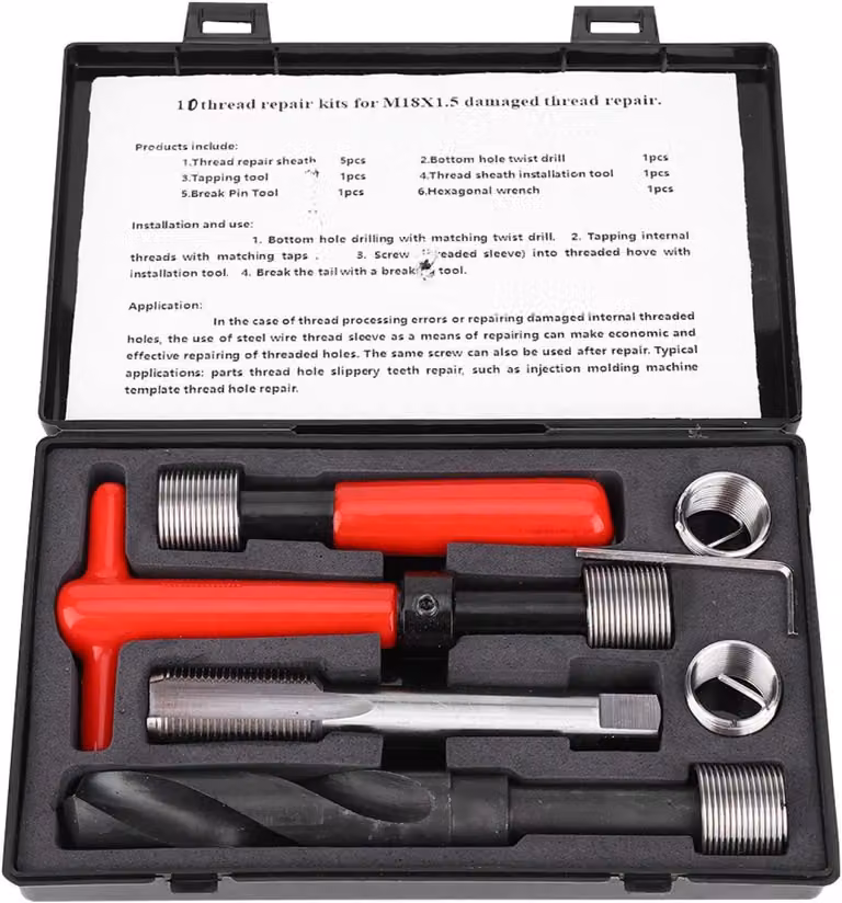 Kit di riparazione filetti ad alta resistenza - Misuratore di filetti - Set di utensili - Adatto per componenti automobilistici - Riutilizzabile - Inserti resistenti all'usura - Set di filetti