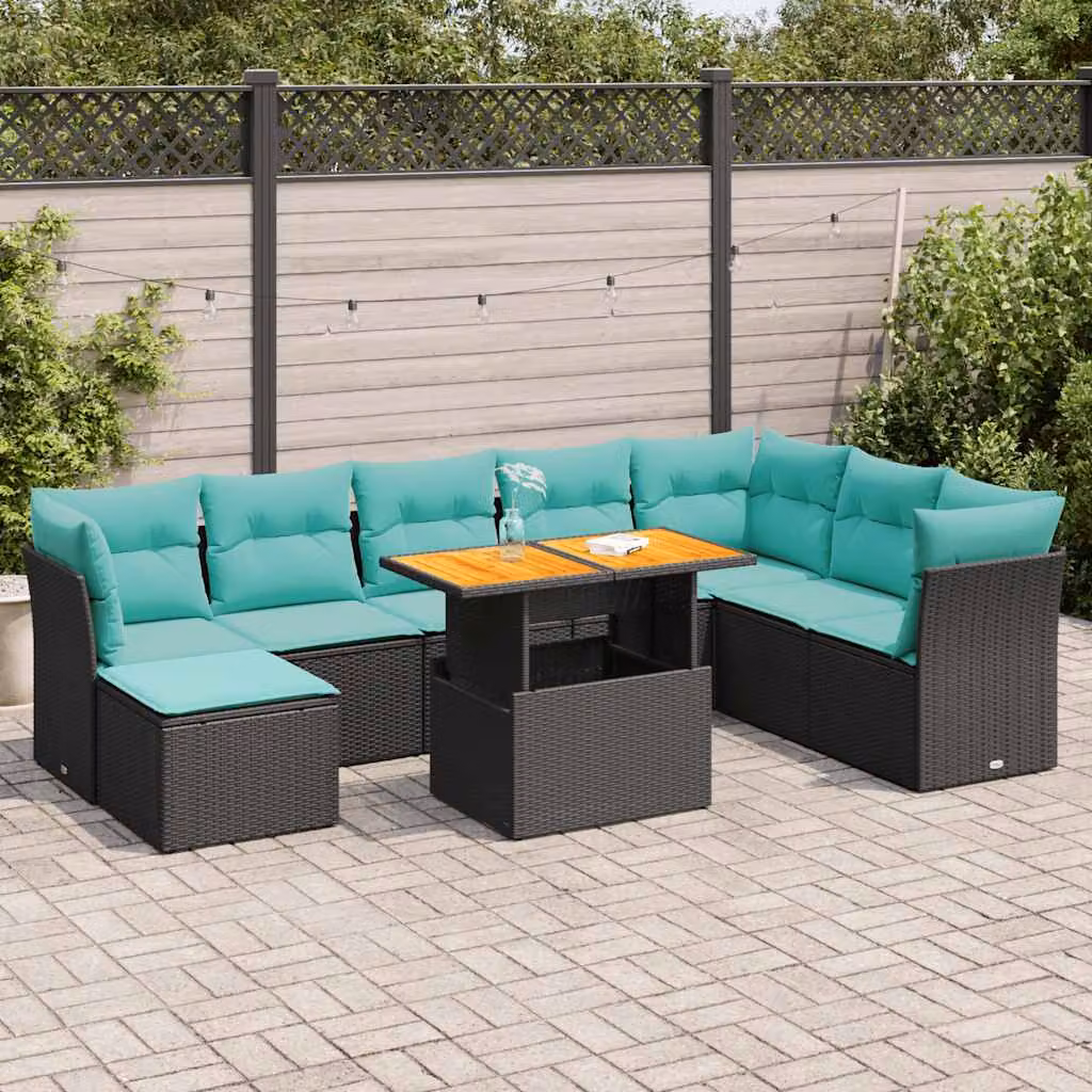 Set Divano da Giardino vidaXL 6 pz in Polyrattan e Legno di Acacia con Cuscini Nero e Blu