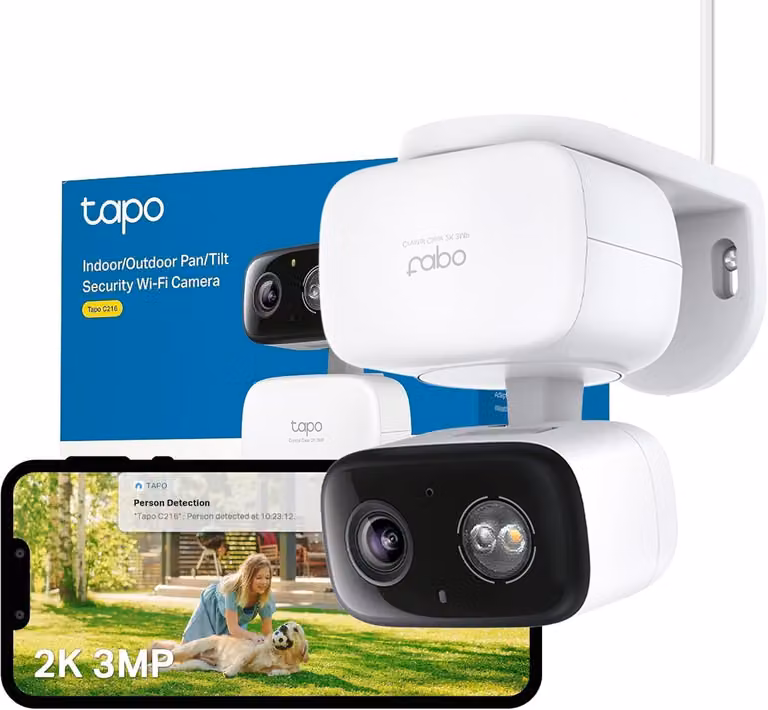 Telecamera di sorveglianza mini Tapo C216 con registrazione, risoluzione 2K 3MP, copertura a 360°, adatta per interni ed esterni, riconoscimento intelligente e notifiche, supporto scheda microSD fino a 512 GB, dimensioni 105,3 × 77,8 × 69,8 mm