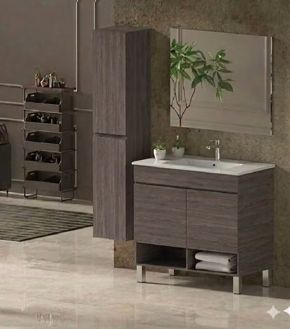 Mobile Bagno NEBARI com gambe Già Montato 2 portas, lavabo e specchio Rovere affumicato 70x45 cm con colonna
