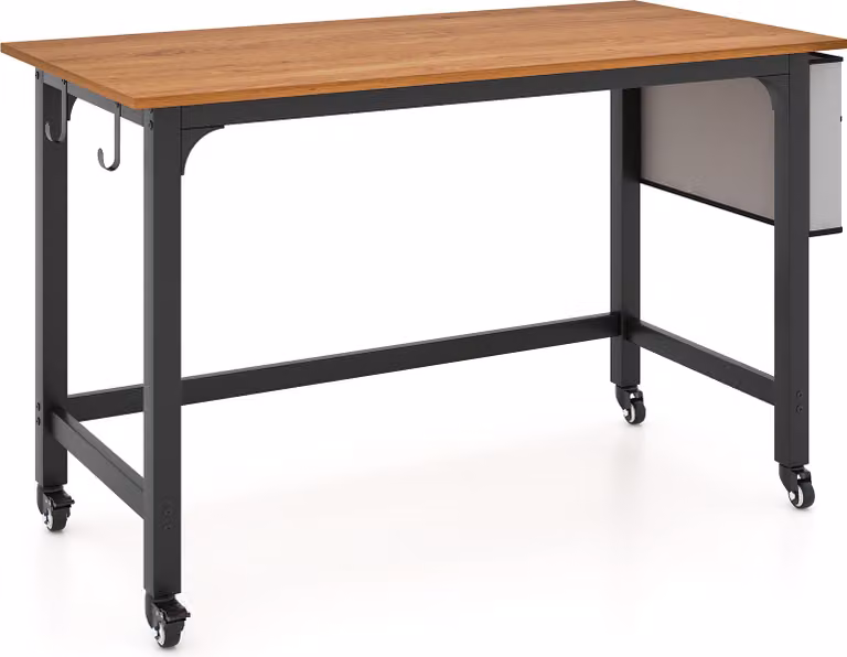 COSTWAY Scrivania con rotelle, scrivania per computer con tasca in tessuto rimovibile e gancio per cuffie, tavolo da lavoro, scrivania da ufficio, scrivania per PC 120x60x75 cm, colore naturale