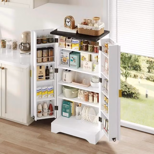 Mobile alto da cucina ULEVR 120x60,5x40 cm con luce LED a sensore, ripiani e vani porta spezie regolabili, bianco