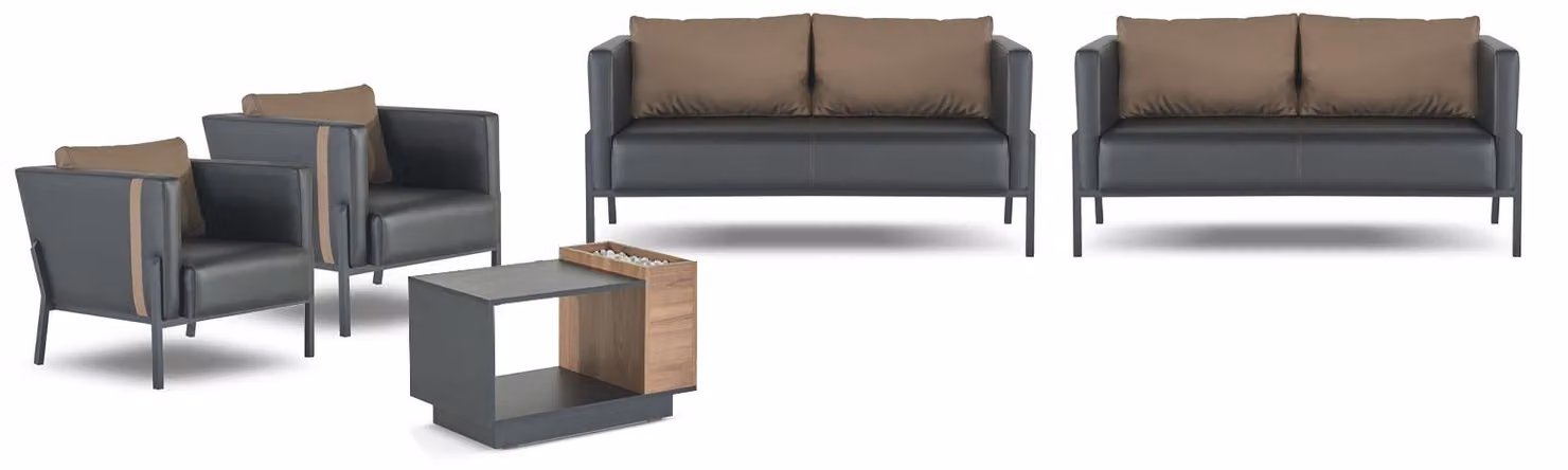 Schwarz-Braune Arbeitszimmer Sitzgarnitur Designer Sessel 2-Sitzer Tisch