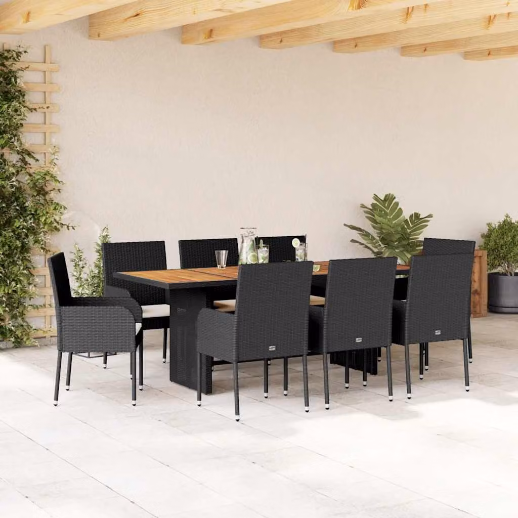 Set da pranzo da giardino vidaXL in polyrattan e legno di acacia con 9 pezzi e cuscini, nero e bianco – 1