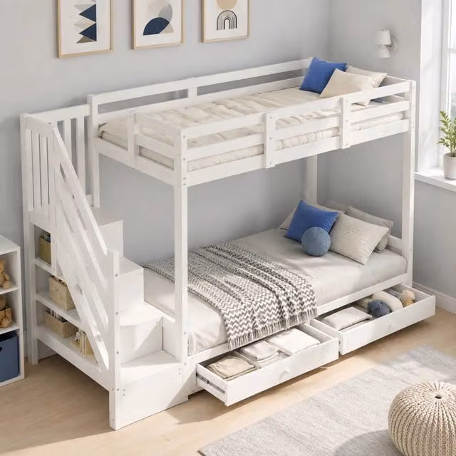 Letto a soppalco per bambini 90x200 cm bianco con divano regolabile, scale contenitore e cassetti