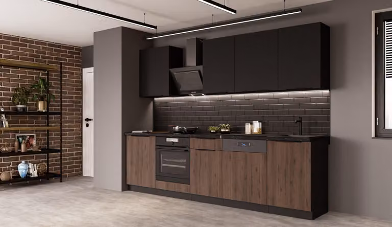 Cucina MONZA + SIENA BASIC 280 cm Cucina componibile Cucina a isola Cucina componibile Noce Okapi opaco + Nero opaco