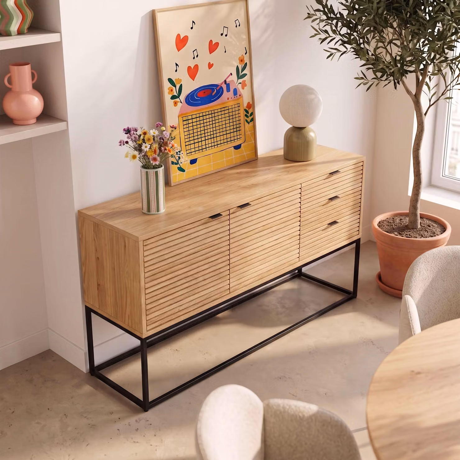 Credenza 2 ante e 3 cassetti melaminico decoro 160 cm legno e nero - Oviala Judith
