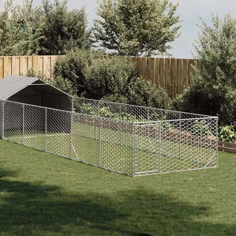 vidaXL Cuccia per cani da esterno con recinto in acciaio zincato argento L: 8 m, P: 2 m, H: 1,5 m