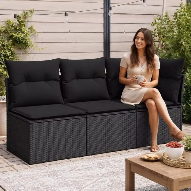 Garden Sofa With Cushions 3-seater Black Poly Rattan