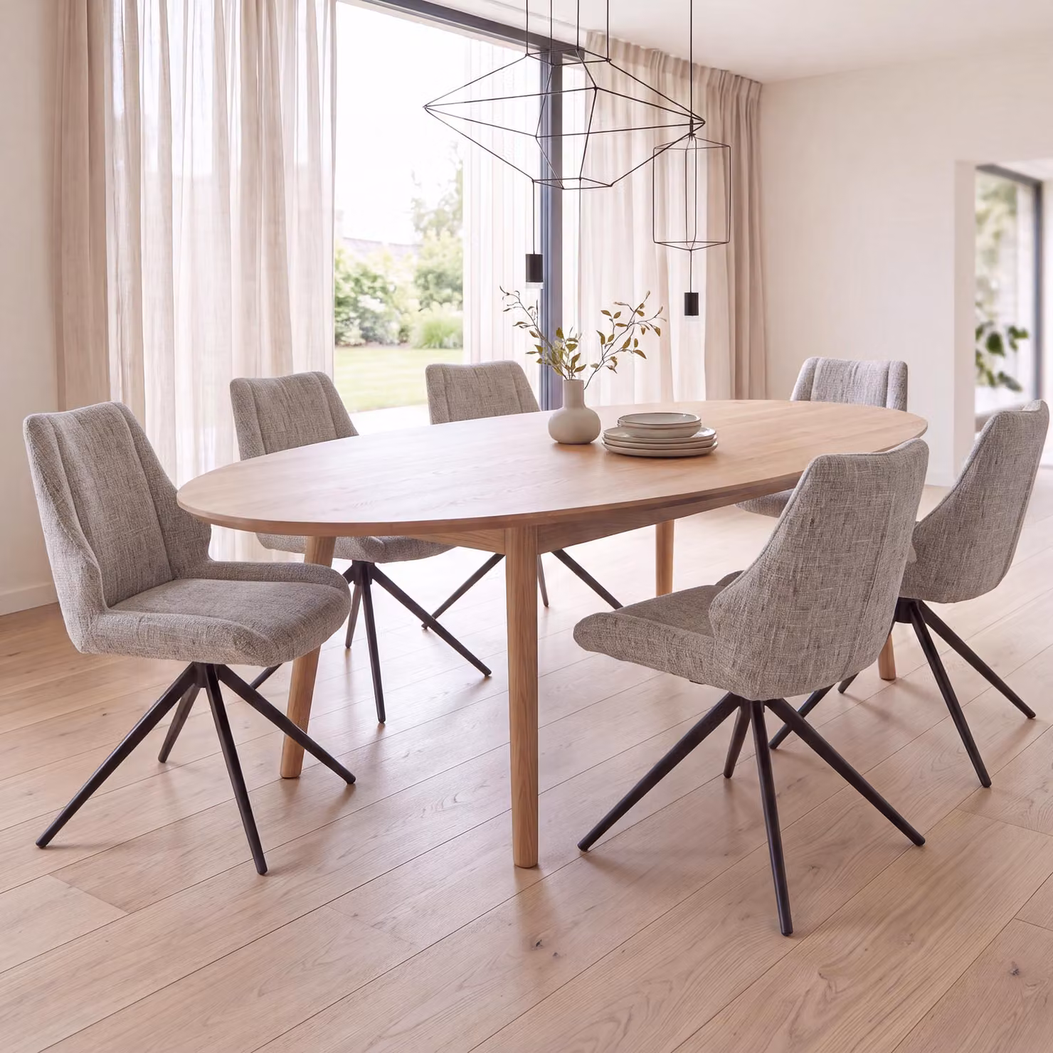 Set di 6 sedie da pranzo modello HWC-O48, sedie da cucina, girevoli con sistema di ritorno automatico, rivestite in tessuto chenille (410g/m²), colore crema