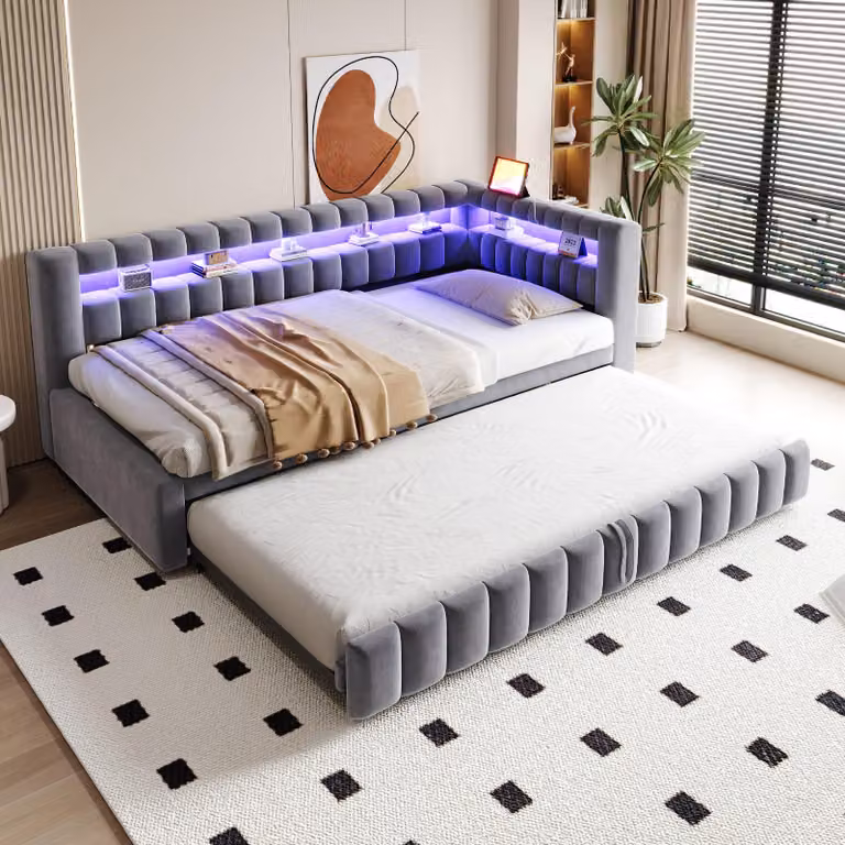 Letto imbottito MODFU, modello daybed, 90 x 200/190 cm, in velluto. Divano letto con meccanismo estraibile, daybed con illuminazione LED e porta USB/Type-C. Senza materasso. Colore: grigio scuro