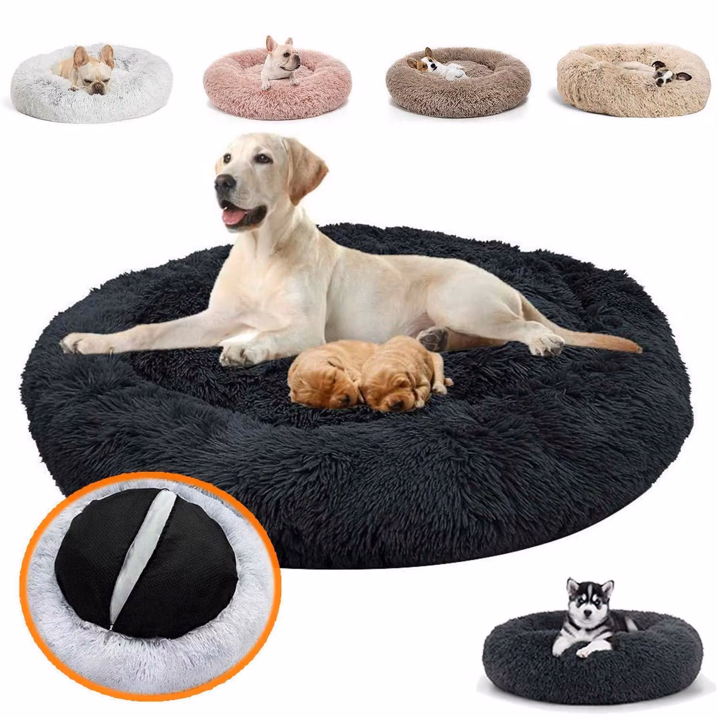 Cuccia ortopedica rotonda per cani, a forma di ciambella, in peluche, lavabile, colore nero, dimensioni 80x80x20 cm