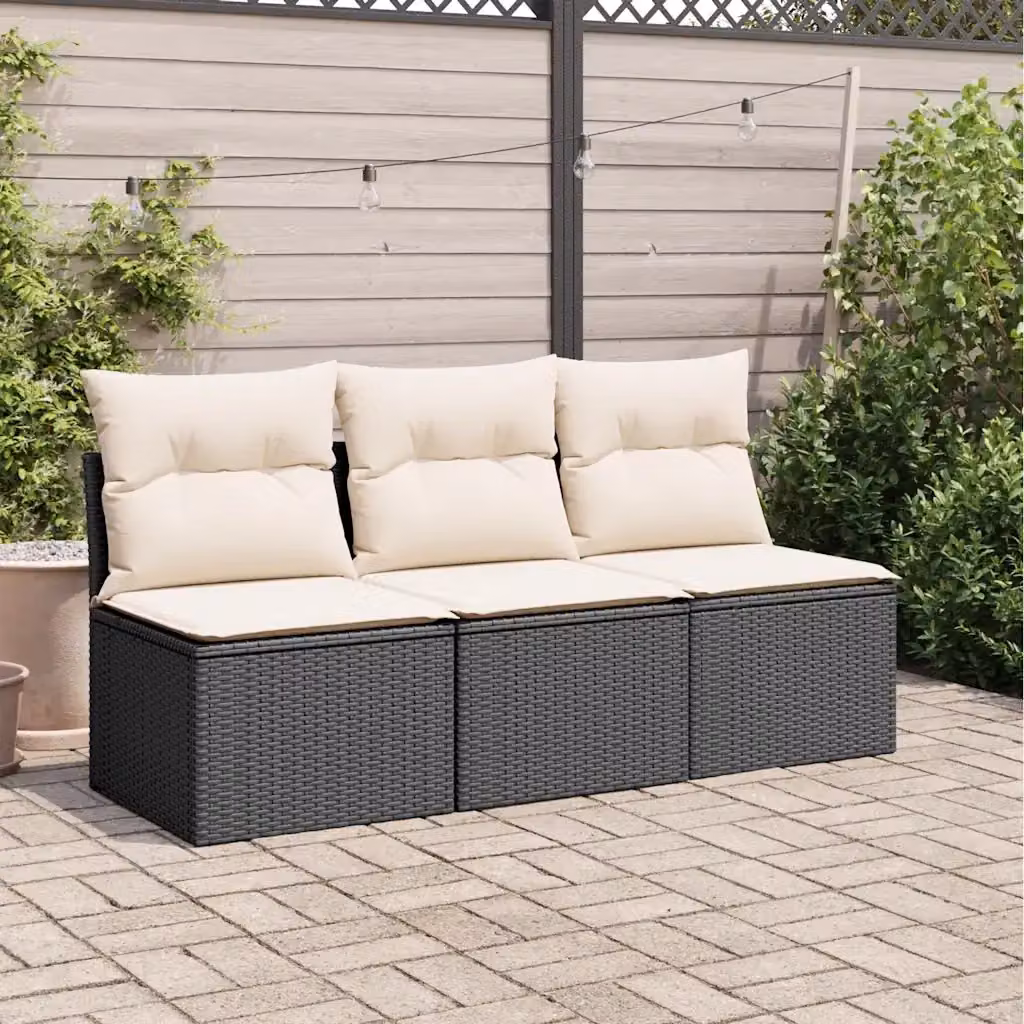 Divano da giardino a 3 posti in polyrattan nero con cuscini bianchi e struttura in metallo – 2