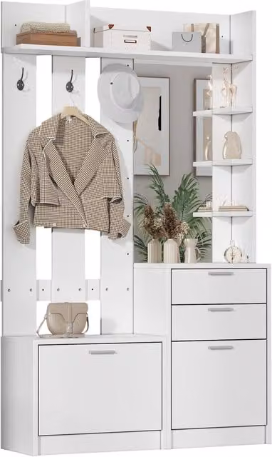 Mobile ingresso moderno bianco con specchio, 2 cassetti e 2 scarpiere ribaltabili L/P/H: 110 x 34 x 185 cm