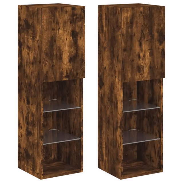 Mobili Porta TV con Luci LED 2 pz | Armadietto TV | Mobile Porta TV Rovere Fumo 30,5x30x102 cm