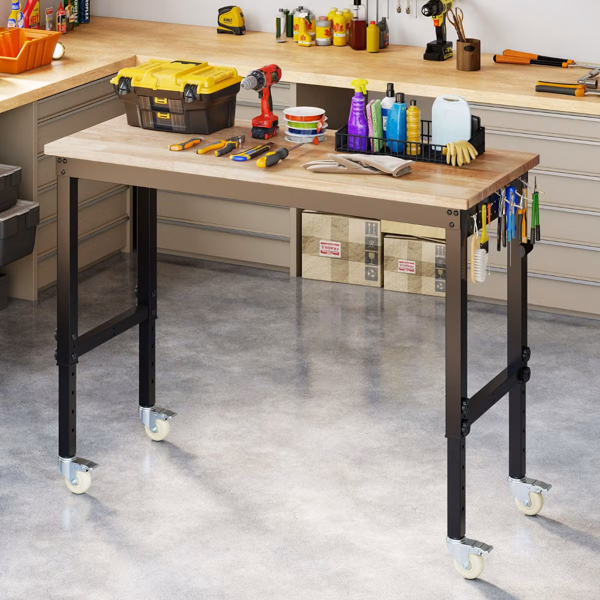 Costway Banco da lavoro regolabile con ruote e piano in legno di gomma, colore naturale per garage e officina