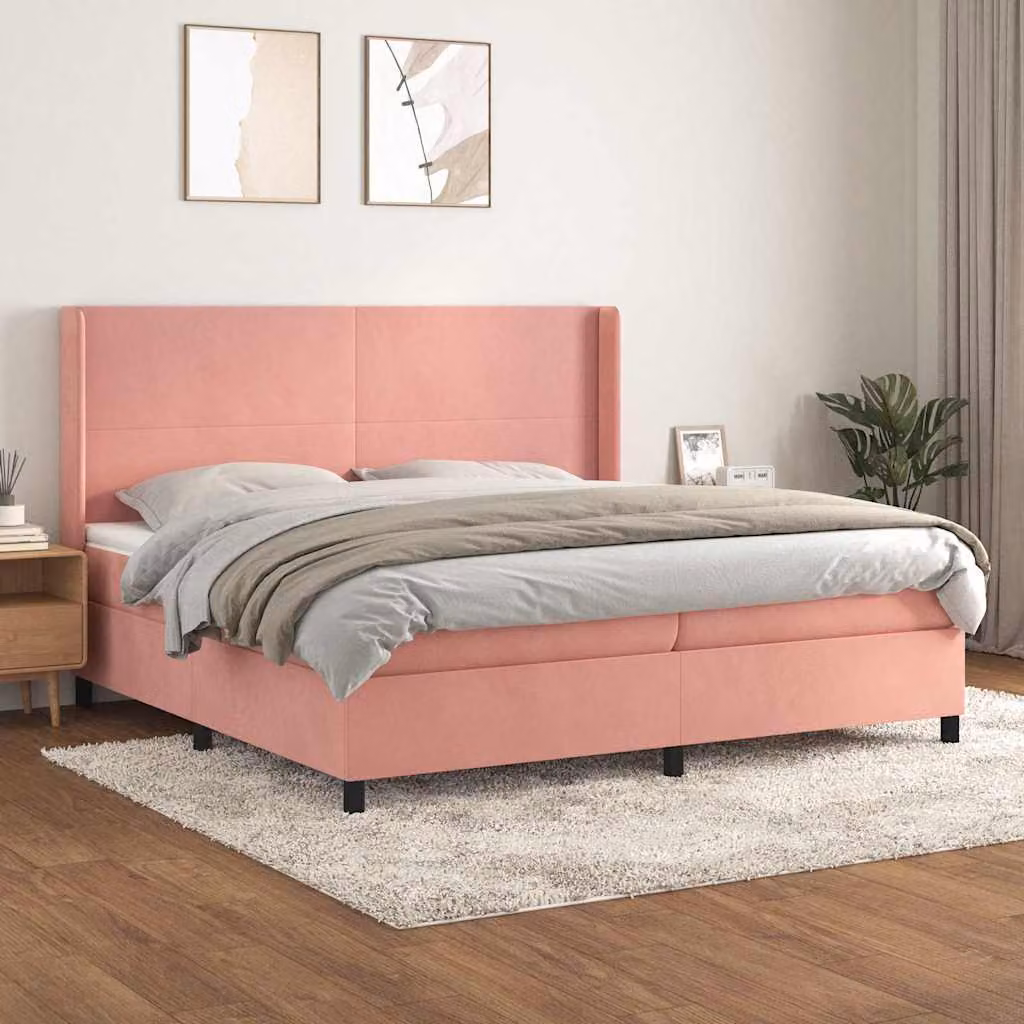 vidaXL Giroletto a Molle con Materasso in Velluto Rosa e Bianco L/P/H: 200 x 200 x 128 cm – 1