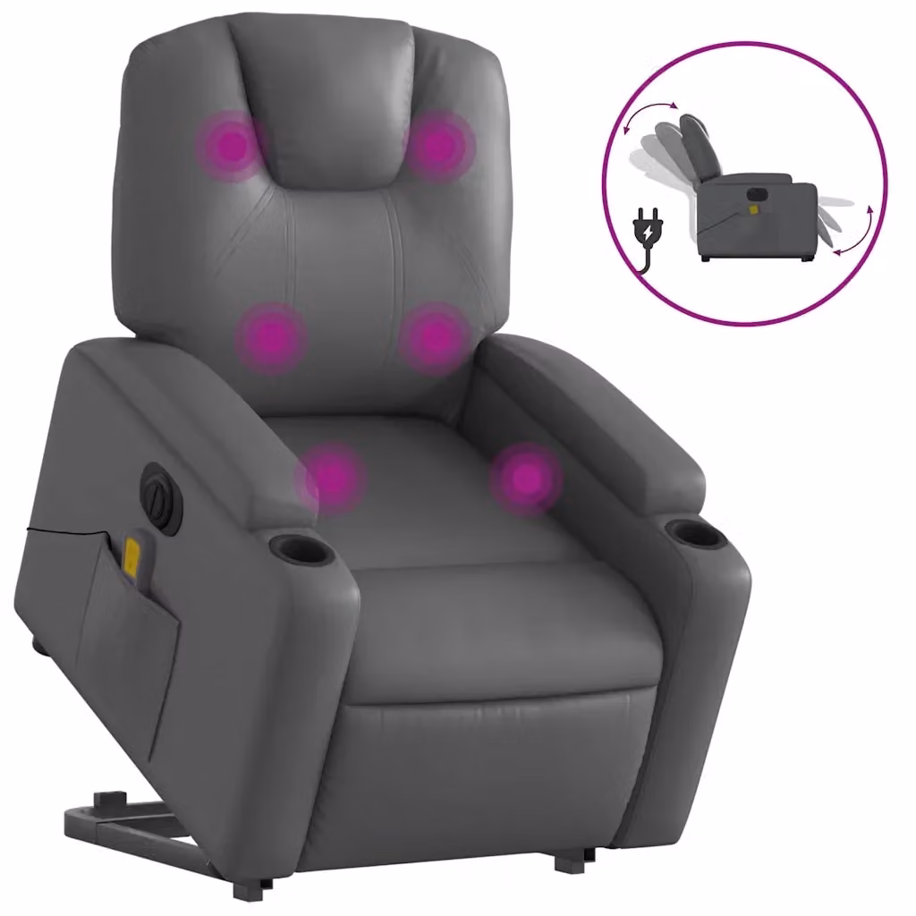 vidaXL Poltrona Alzapersona Elettrica Reclinabile Grigia in Similpelle con Braccioli – 2