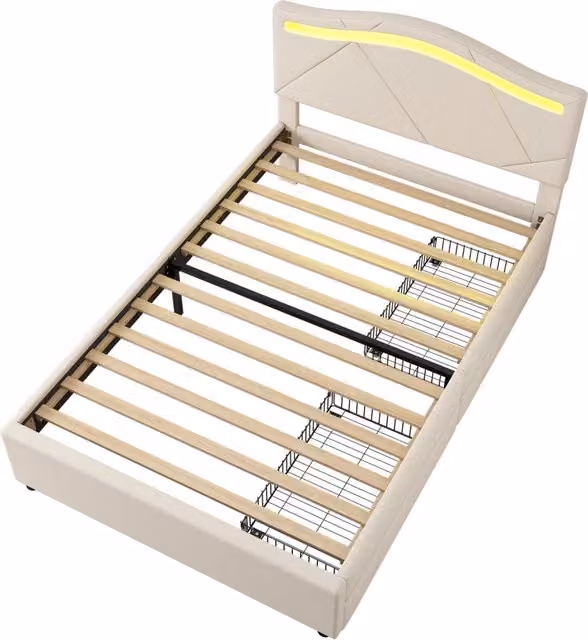 Letto singolo moderno Chicfurn in lino beige con 2 cassetti, illuminazione LED sotto il letto e testiera regolabile, L/P/H: 90 x 200 x 108,5 cm