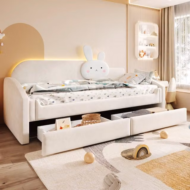 Letto per Bambini 90x200 cm con LED; 2 Cassetti e Schienale con Cuscino a Coniglio; Velluto Beige