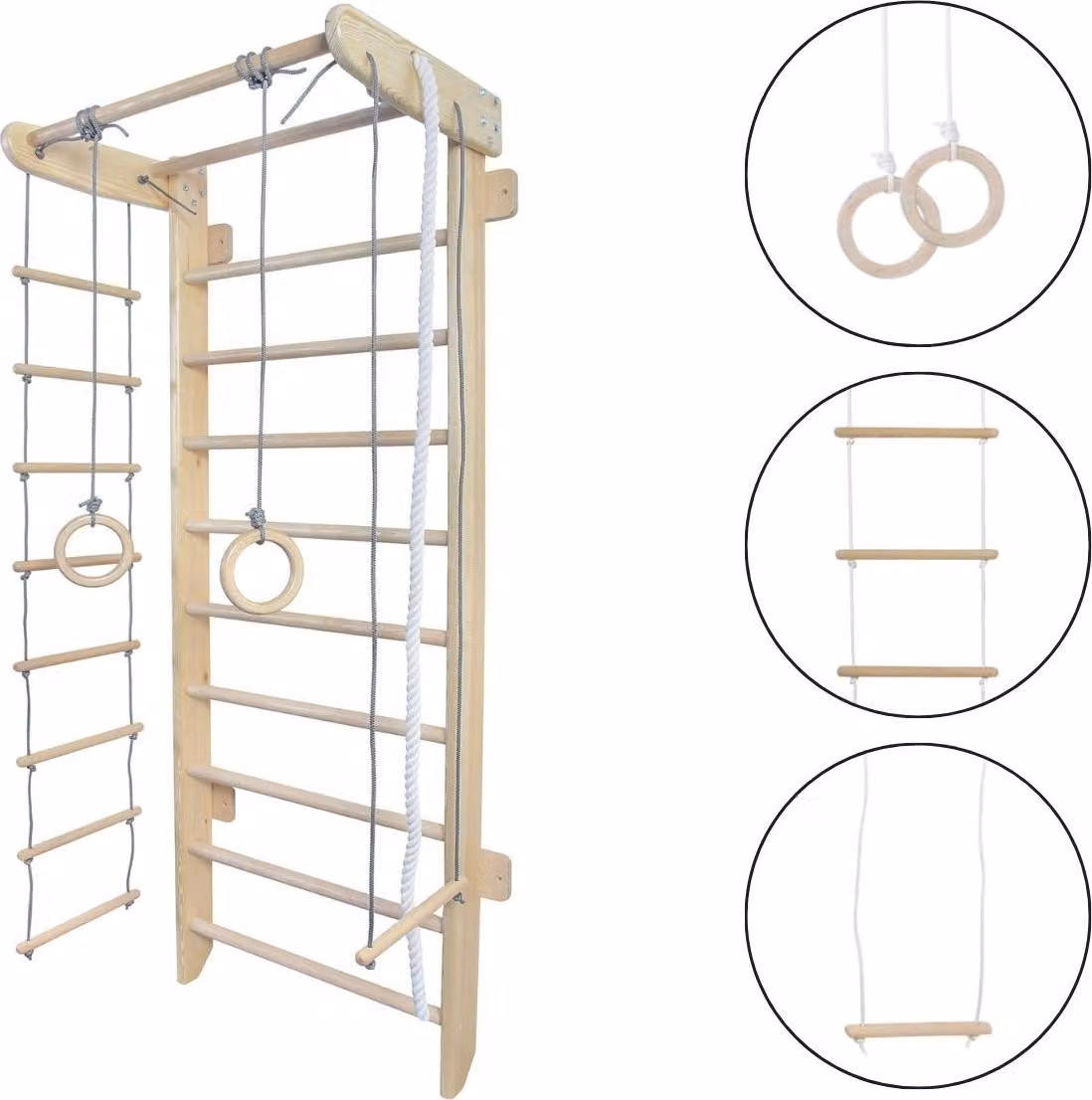Parete in legno Numi + anelli ginnici + scala a corda | struttura di arrampicata per bambini sala giochi interna
