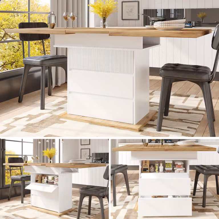 Tavolo da cucina pieghevole MODFU con portabottiglie e cassetti, mobile da cucina con tre livelli di stoccaggio, tavolo da pranzo allungabile per cucina e soggiorno, tavolo da soggiorno per 4-6 persone, bianco