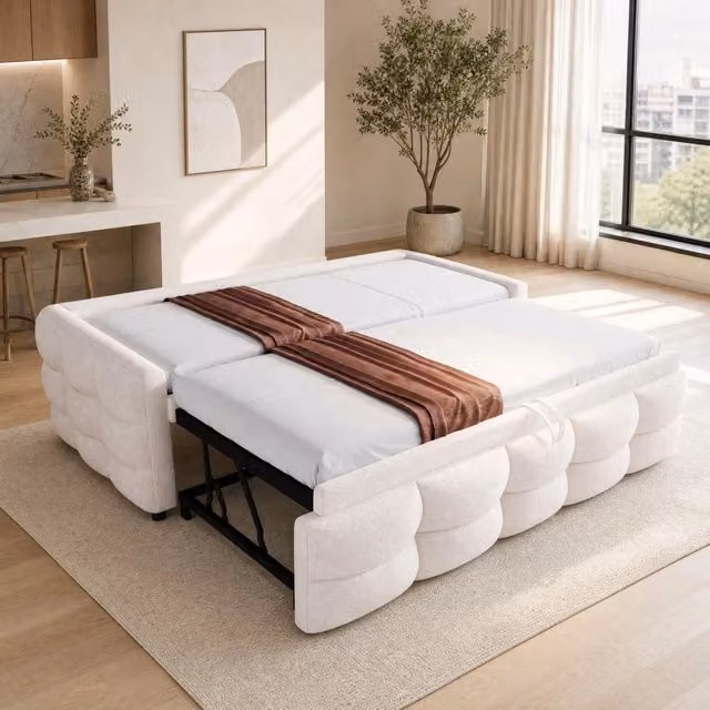 Letto imbottito estraibile 90/180 x 190 cm in velluto Teddy beige