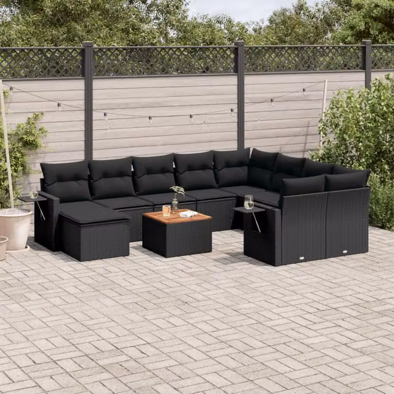 vidaXL Set Divani da Giardino 11 pz a Forma a U in Polyrattan Nero con Cuscini e Tavolino da Esterno