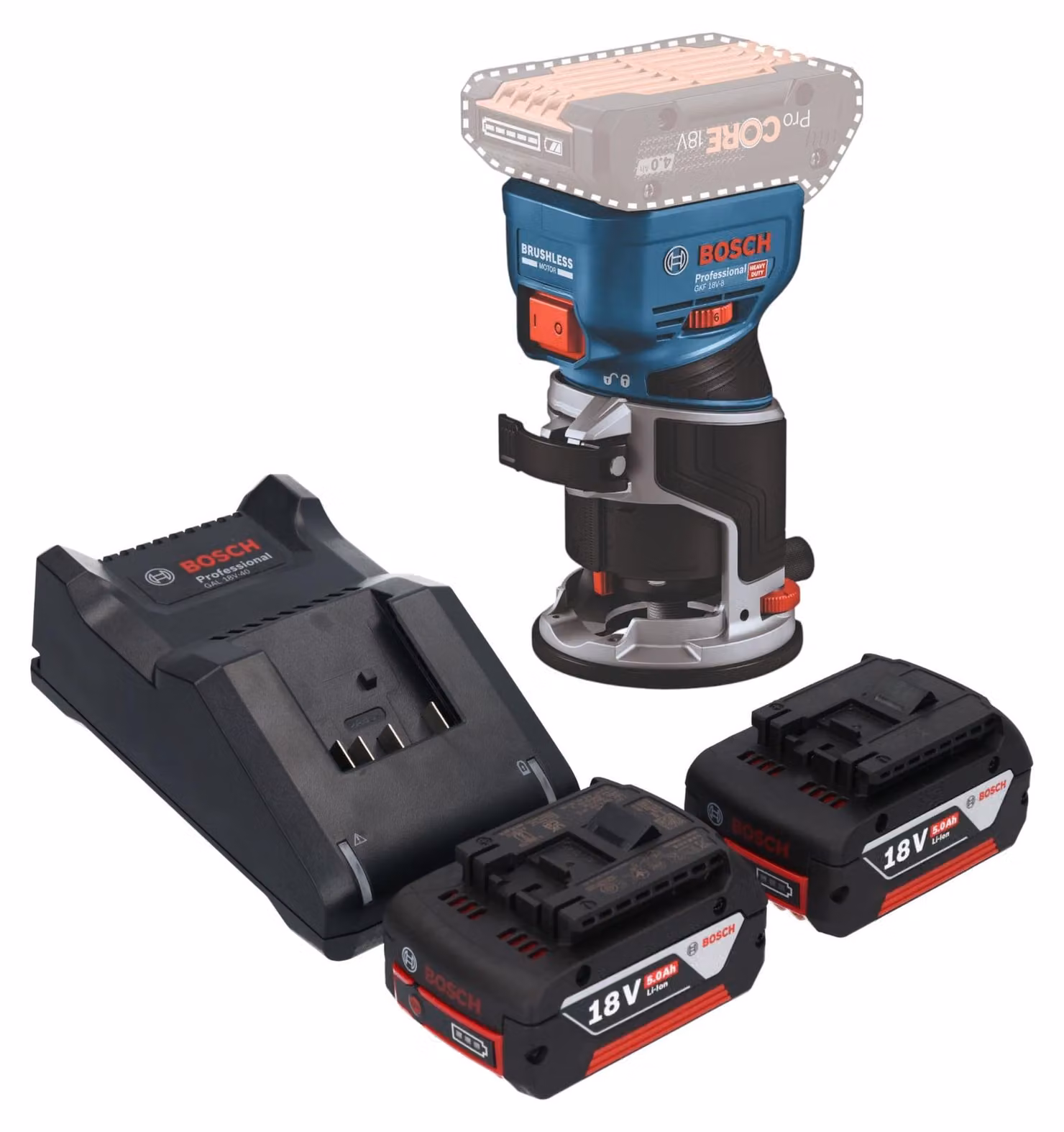 Bosch GKF 18V-8 Posa professionale per bordi a batteria 18 V 8,0 mm senza spazzole + 2x batteria ricaricabile 5,0 Ah + caricabatterie