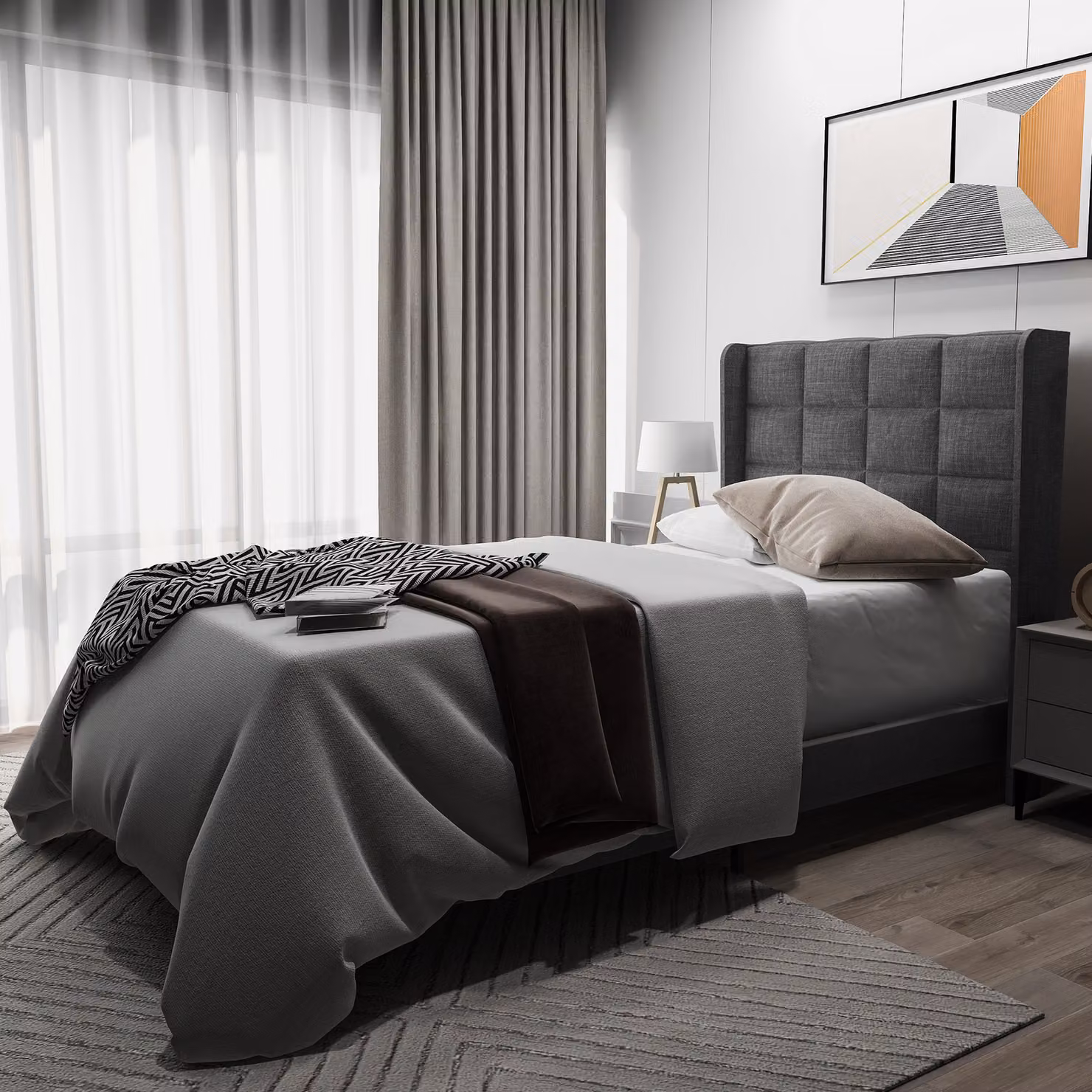 Letto imbottito Merax 90x200cm con rete a doghe e testata imbottita, struttura letto per ragazzi in lino, grigio