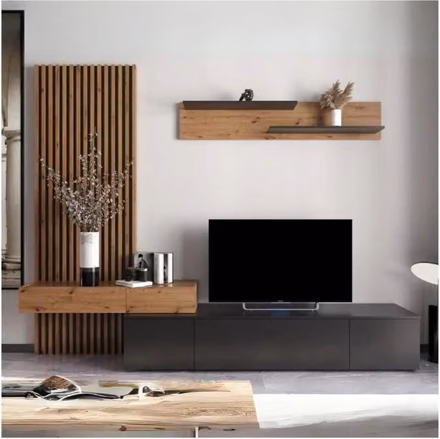 Parete attrezzata porta TV Rebecca 250 cm colore nero e rovere