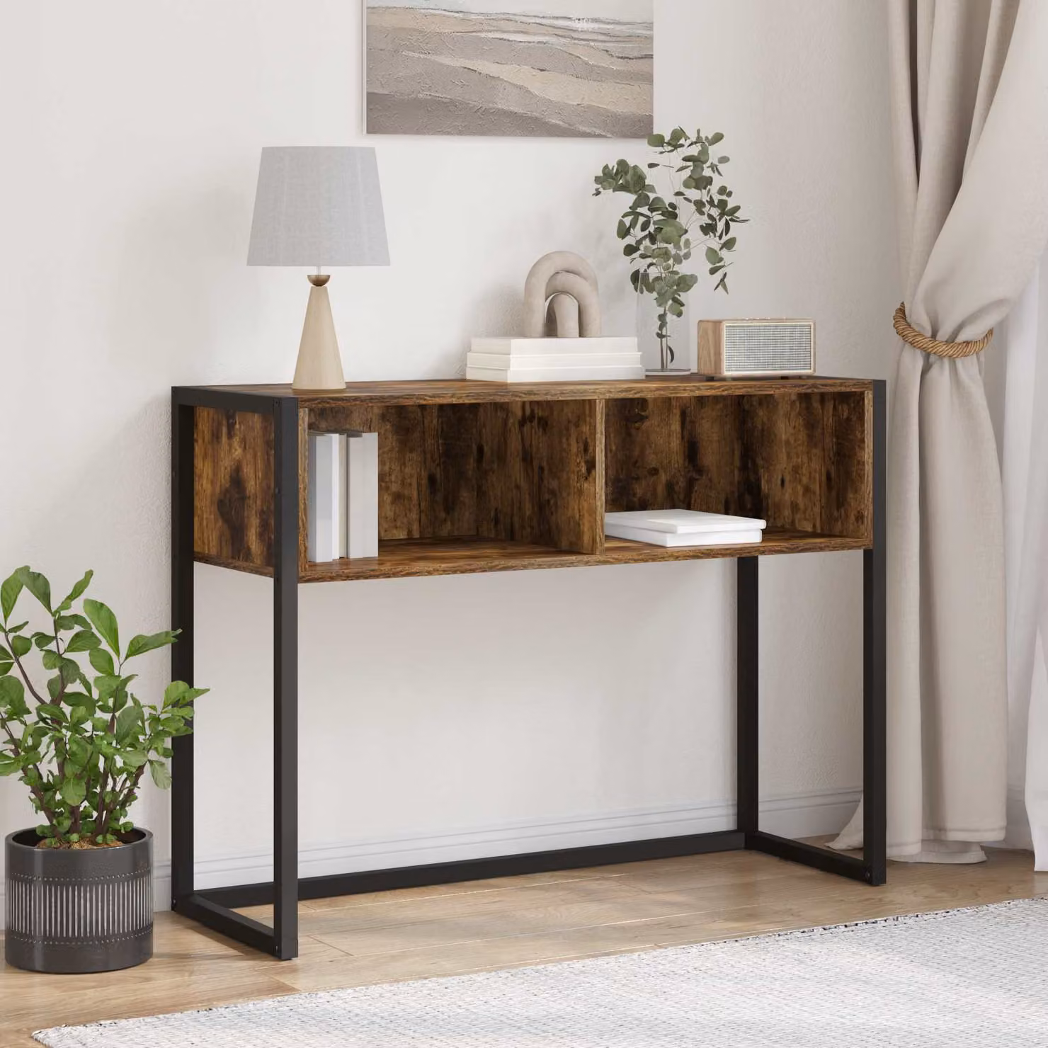 vidaXL Tavolino in stile industriale in legno e metallo, colore rovere fumo, L 100 x P 36 x H 75 cm
