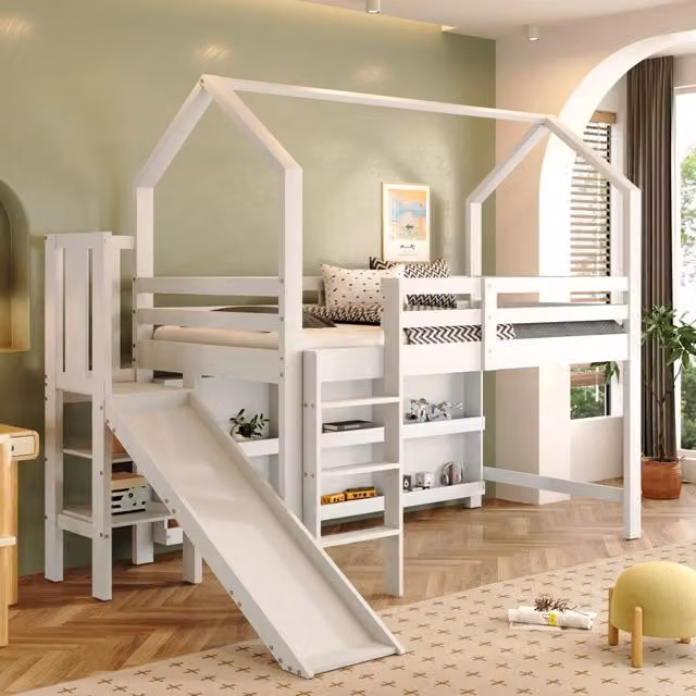 Letto singolo 90x200 cm con scivolo; vani contenitore e scaffale in legno e MDF bianco
