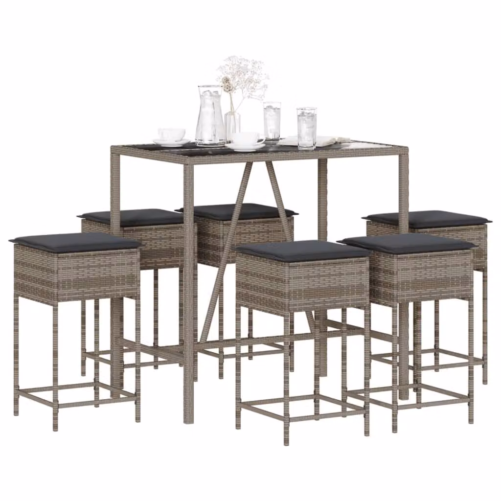 Set Bar da Giardino vidaXL in Polyrattan Grigio e Nero con 7 Pezzi e Cuscini
