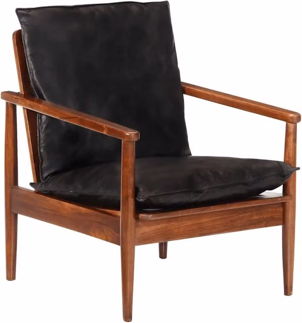 Poltrona Relax Nera in Vera Pelle e Legno Massello di Acacia con Braccioli e Design Vintage