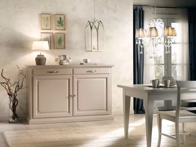 Madia credenza shabby chic in legno massello Mobili 2G colore avorio L: 124 cm, P: 52 cm, H: 97 cm