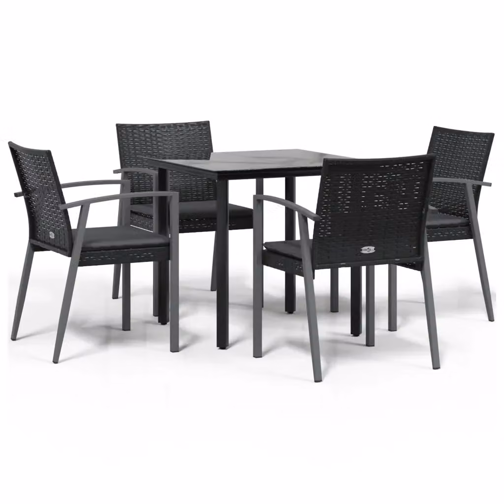 Set da giardino moderno vidaXL in polyrattan con tavolo in vetro e 5 sedie con cuscini, Grigio e Nero – 2
