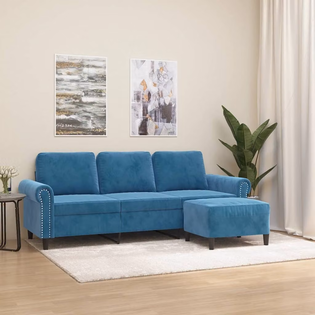 Maison Exclusive - Divano a tre posti con poggiapiedi, blu, 180 cm, in velluto