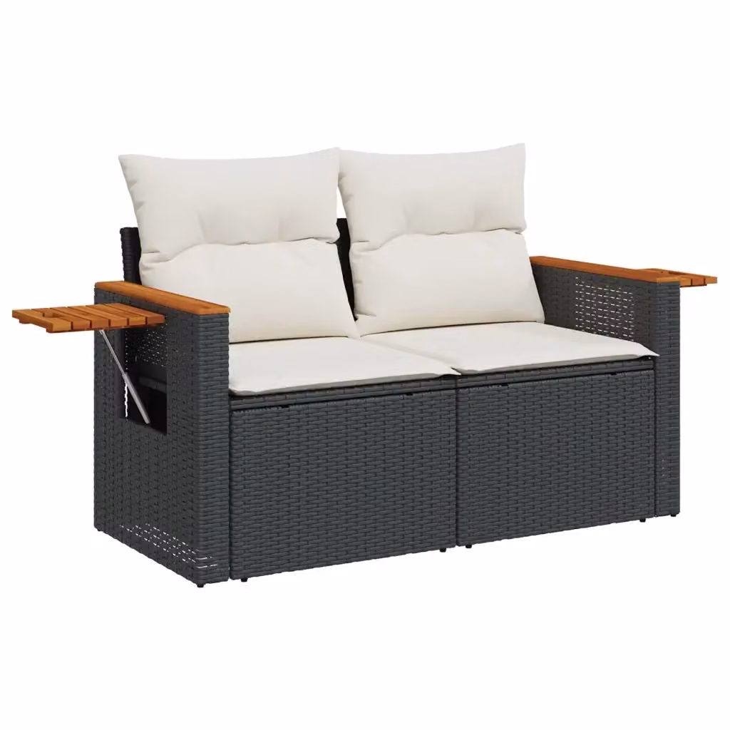 Divano da giardino a 2 posti vidaXL in polyrattan con cuscini bianchi e neri e struttura in legno di acacia oliato – 2