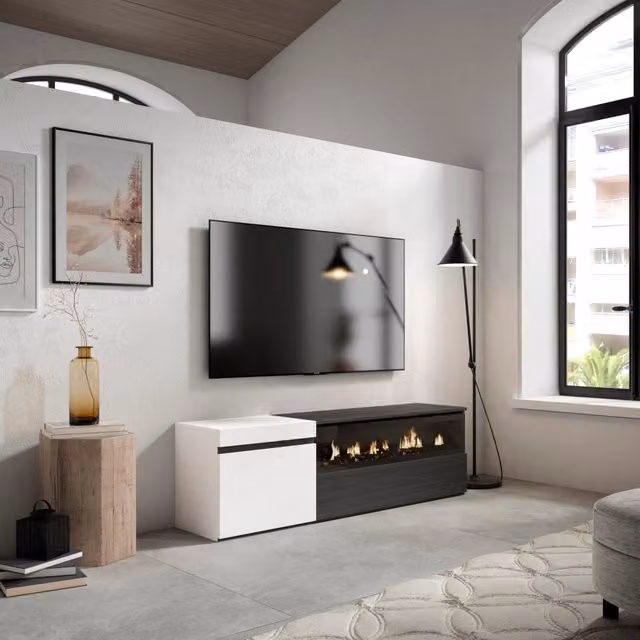 Mobile TV Soggiorno, 150x35x45cm, Per TV fino a 65", Camino elettrico, Bianco e nero RF2448