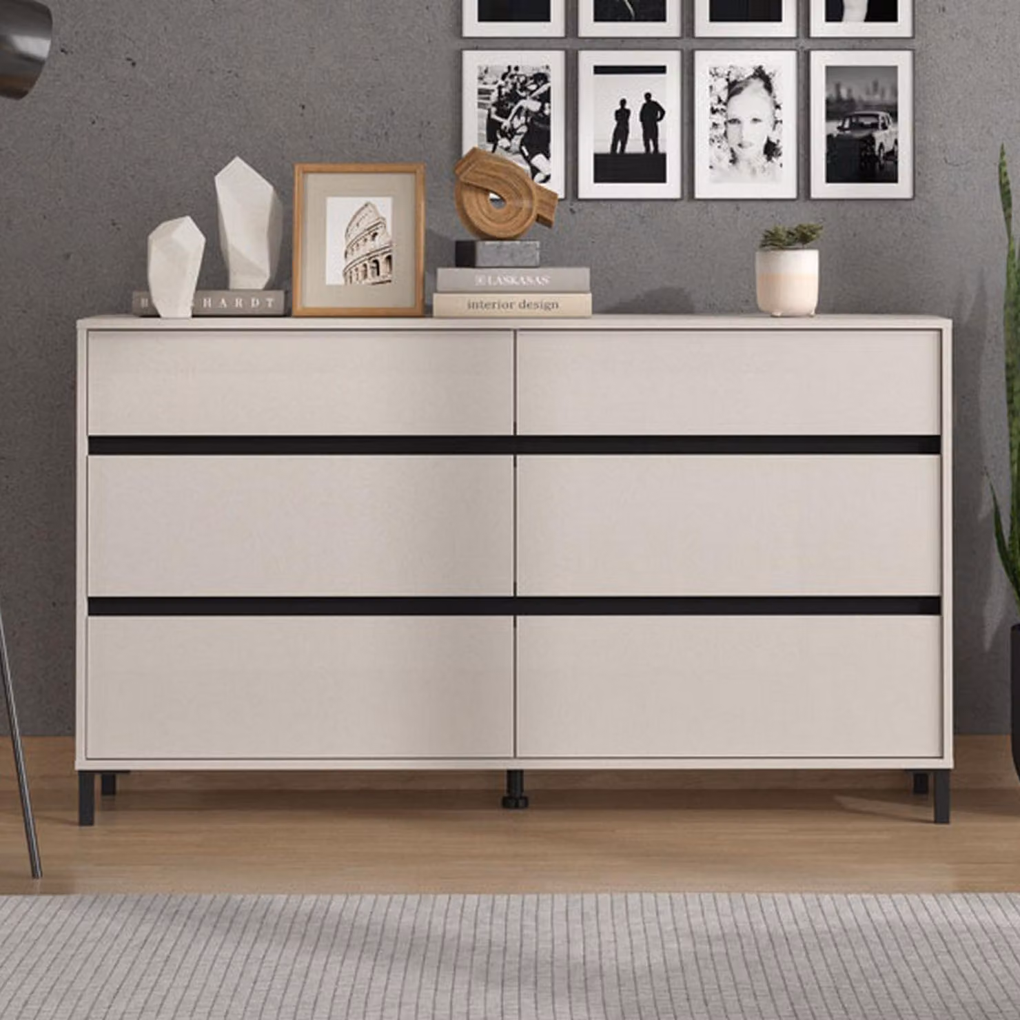 Dmora Cassettiera Mapello 157x40x90h cm Beige, 6 Cassetti Apertura Scorrevole