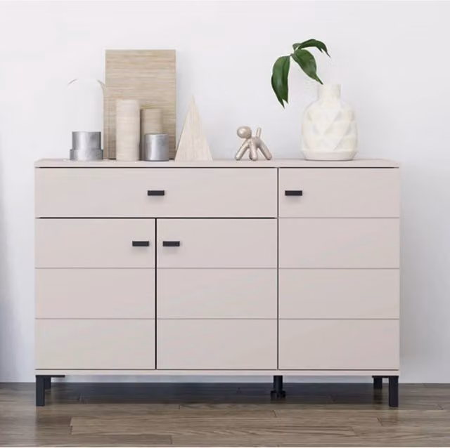 Madia Djanet DMORA con un cassetto, Bianco Crema, L: 116 cm, P: 35 cm, H: 78 cm