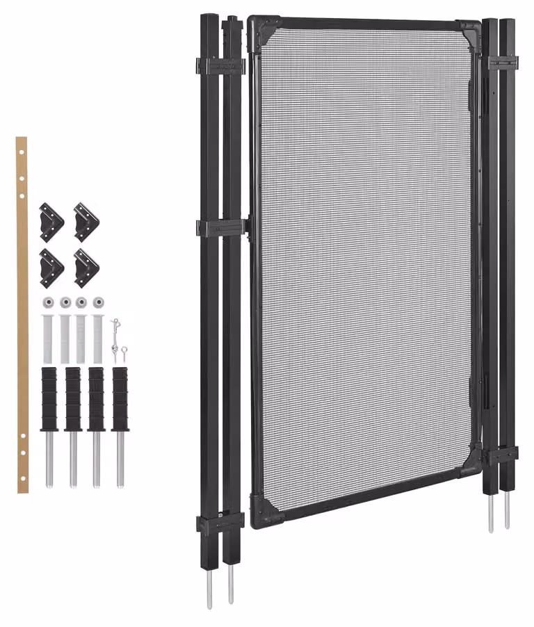 SucceBuy Cancello per recinzione piscina 1,2x0,75 m, porta per recinzione di protezione e sicurezza bambini, set cancello di sicurezza con funzione di chiusura e bloccaggio automatici, tessuto in PVC Teslin da 352 g/m², adatto per piscine, nero