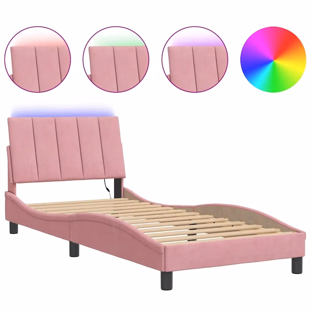 Struttura Letto Hanko in Velluto Rosa con Illuminazione LED e Porta USB, L/P/H: 90 x 190 cm – 2
