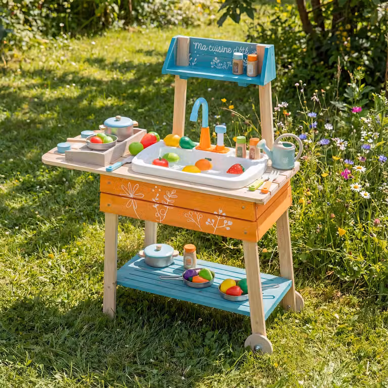 Set cucina da gioco per bambini Costway in legno multicolore con lavandino rimovibile e manopole girevoli per esterni