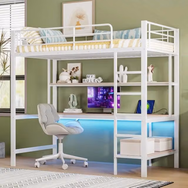 Letto a soppalco ULEVR 90x200 cm con scrivania, scaffale, LED a 7 colori, USB e presa, bianco