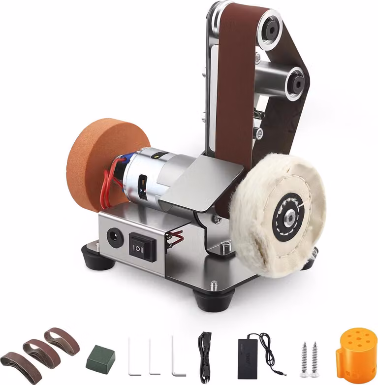 Mini levigatrice - Levigatrice elettrica da tavolo - 3 in 1 - Regolazione della velocità a 7 livelli - Affilatrice per coltelli per legno e metallo - Argento