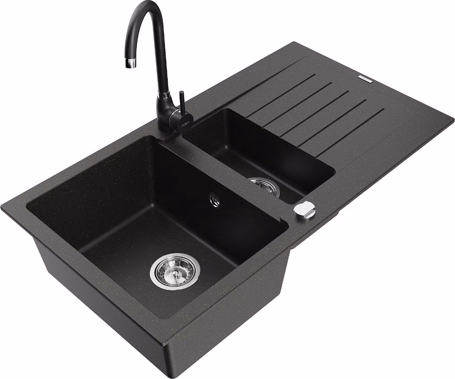 Mexen Matias lavello in granito a 1,5 vasche con scola e miscelatore cucina Telma, nero/oro - 6502-75-670200-70